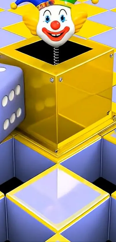Colorful jack-in-the-box on a checkered background.
