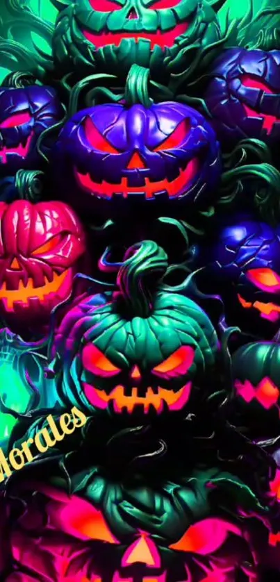 Vibrant pumpkins with glowing faces for Halloween.