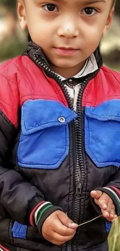 Young boy in a vibrant red, blue, and black jacket outdoors.