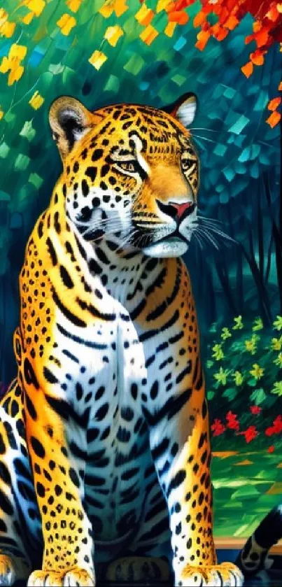 Colorful jaguar sitting in a vibrant forest with multicolored foliage.