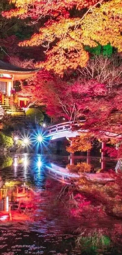 Colorful Japanese garden bridge with autumn leaves.