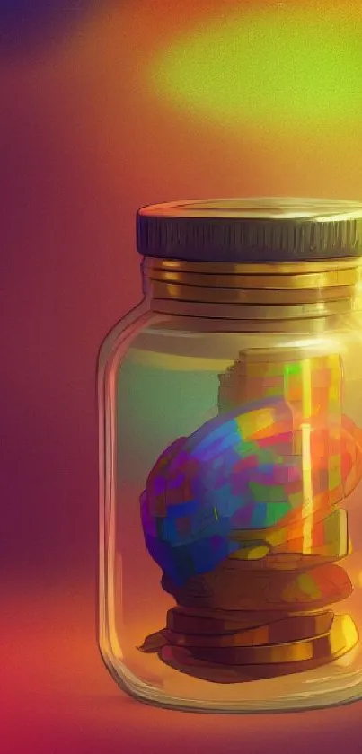 Colorful bricks inside a glass jar against a vivid backdrop.