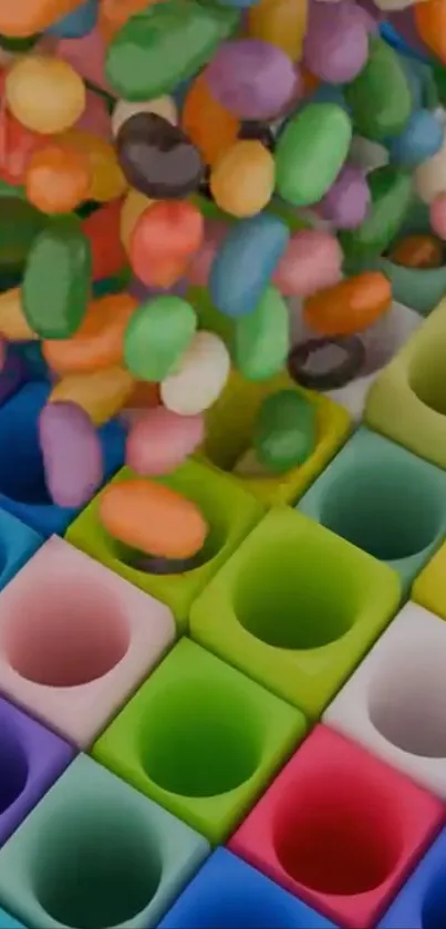 Colorful jelly beans falling into multicolored squares.