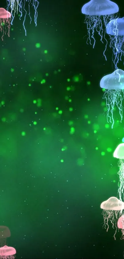 Colorful jellyfish float against green underwater background.