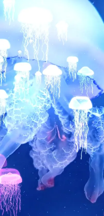 Vibrant jellyfish with blue and pink hues in an underwater scene.