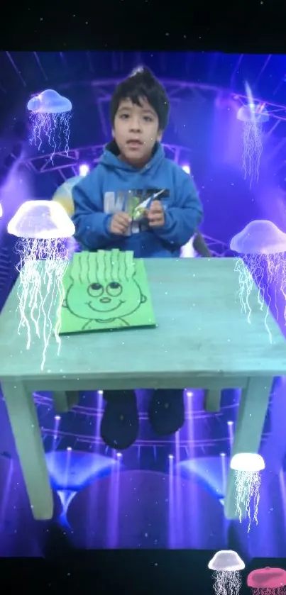 Child at desk surrounded by glowing jellyfish in a neon cosmic scene.