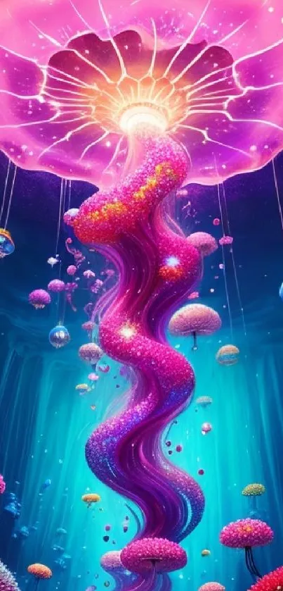 Vibrant pink fantasy jellyfish in a colorful ocean scene.