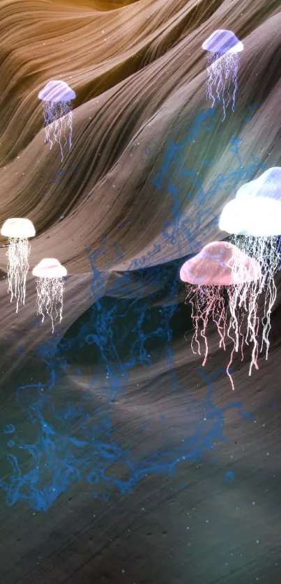 Colorful jellyfish swim in a fantasy-inspired ocean scene on this mobile wallpaper.