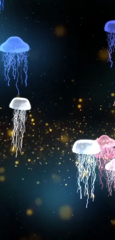 Colorful jellyfish glowing against a dark, starry background.