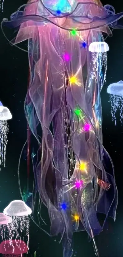 Colorful jellyfish in fantasy ocean wallpaper.