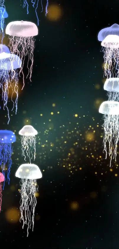 Colorful jellyfish floating in a dark ocean backdrop.