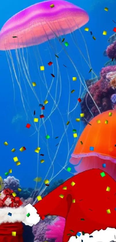 Bright jellyfish and holiday decor on a vivid blue ocean background.