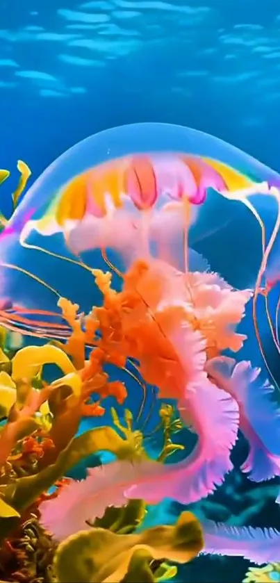 Colorful jellyfish in vibrant underwater scene, perfect for mobile wallpaper.