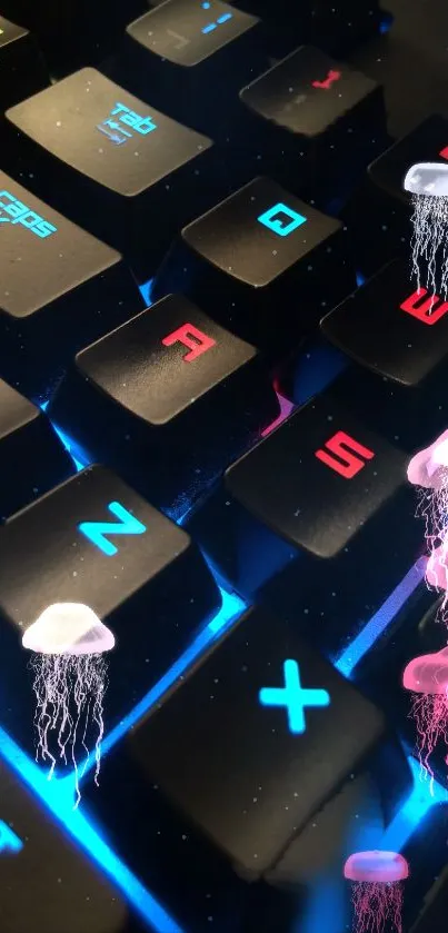 Colorful jellyfish float over a glowing keyboard.