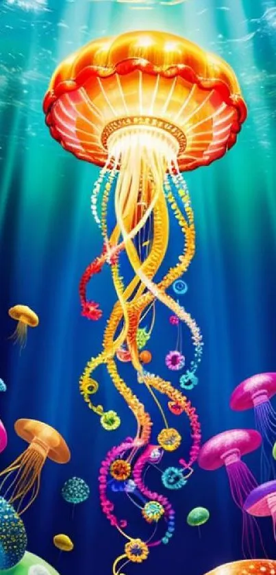 Vibrant jellyfish swimming in a colorful underwater scene.