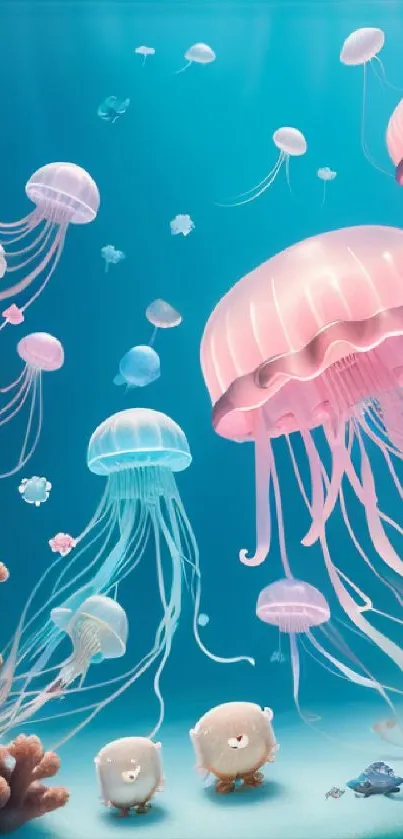 Vibrant jellyfish and coral underwater scene with colorful hues.