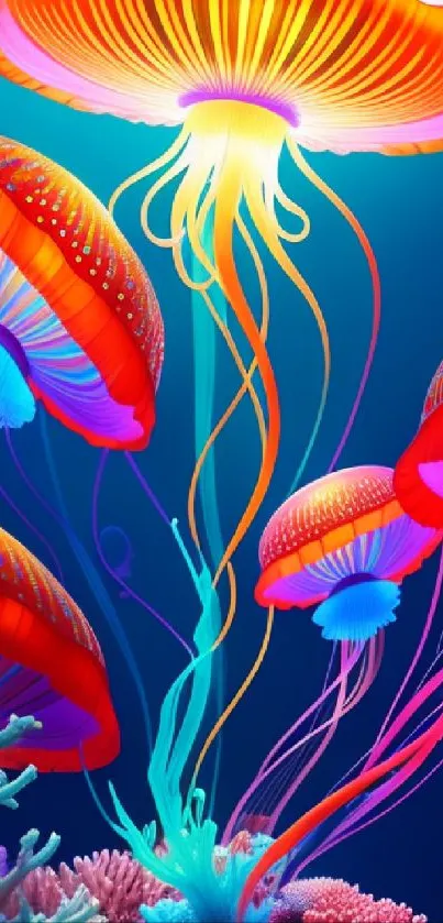 Colorful jellyfish hover above coral reefs in vibrant ocean wallpaper.