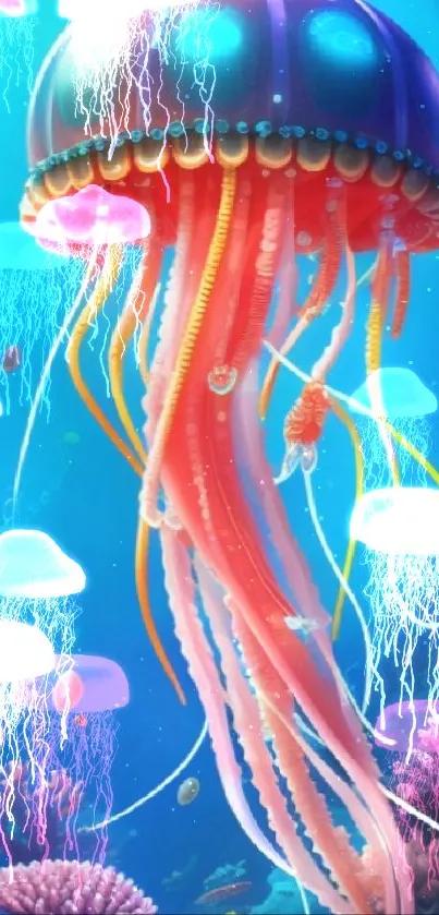 Vibrant jellyfish with colorful tentacles, floating underwater.