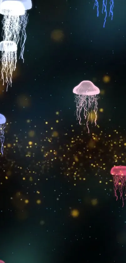 Colorful jellyfish floating in a starry night-themed wallpaper.