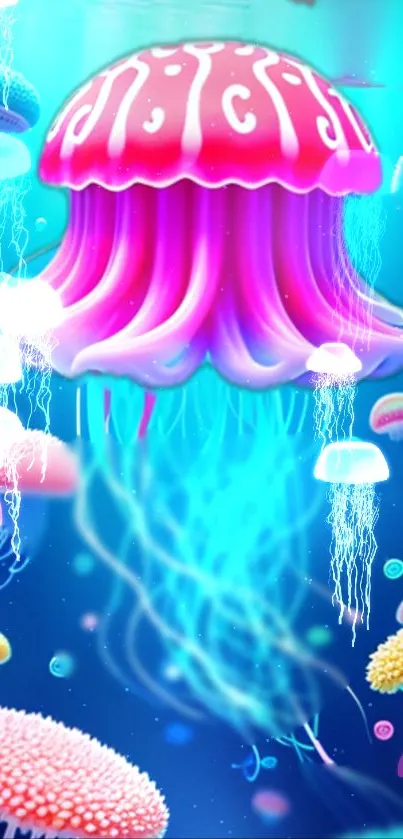 Vibrant pink jellyfish in underwater scene mobile wallpaper.