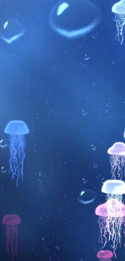 Colorful jellyfish floating in deep blue ocean wallpaper.