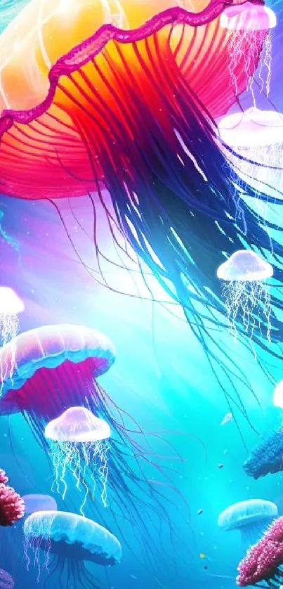 Colorful jellyfish floating in a vibrant underwater scene.