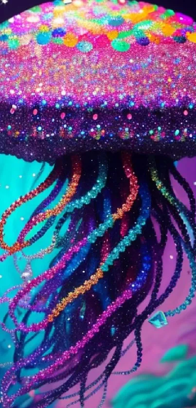 Vibrant digital art of a colorful jellyfish glowing underwater.