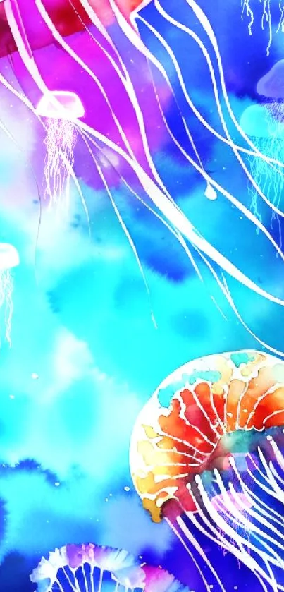 Colorful watercolor jellyfish in vibrant blue underwater scene.