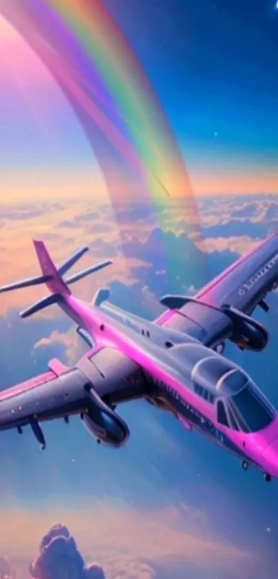 Pink jet soaring above clouds in a vibrant sky.