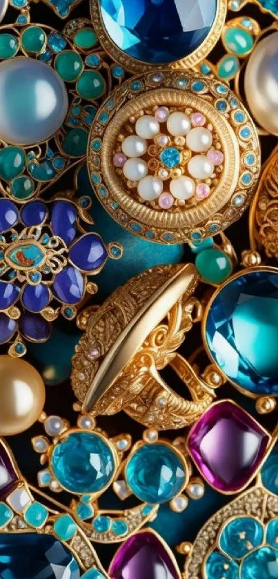 Vibrant gemstone and gold jewelry design wallpaper.