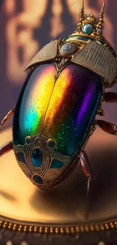 Stunning jewel beetle with gold details on a mobile wallpaper.