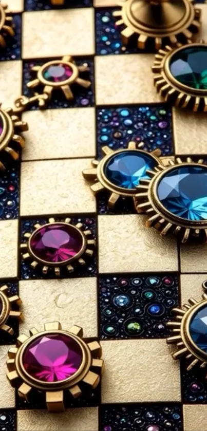 Vibrant jeweled chessboard pattern wallpaper.