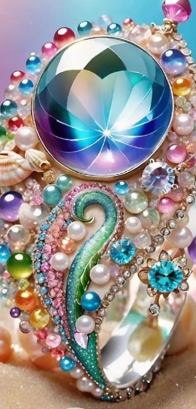 Jewel-encrusted fantasy wallpaper with colorful gems and pearls.