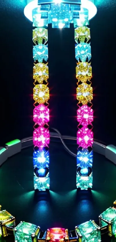 Colorful illuminated jewels against a dark background.