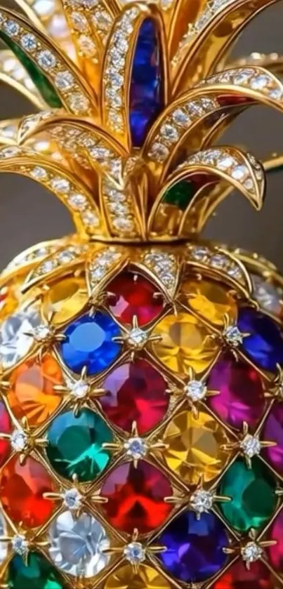 A colorful jeweled pineapple art piece with vibrant gemstones and gold accents.