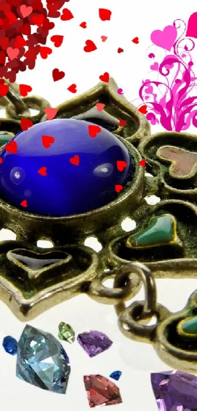 Vibrant jewelry and hearts mobile wallpaper with colorful gemstones.