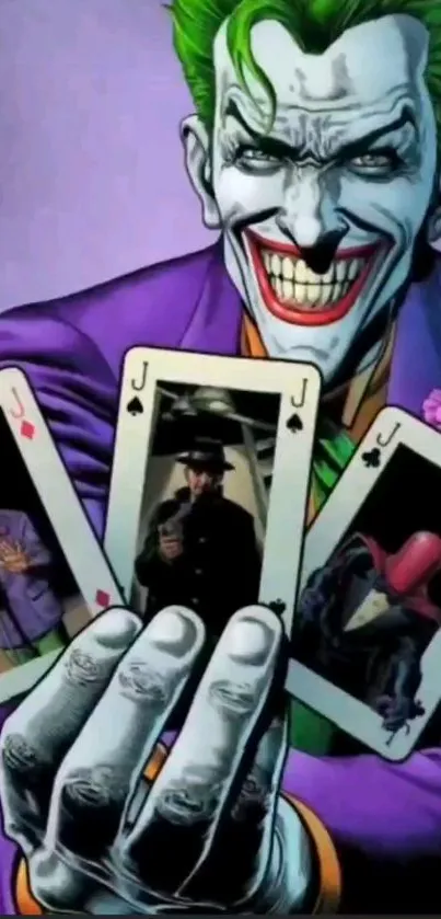 Joker with vivid colored cards in striking comic art style.