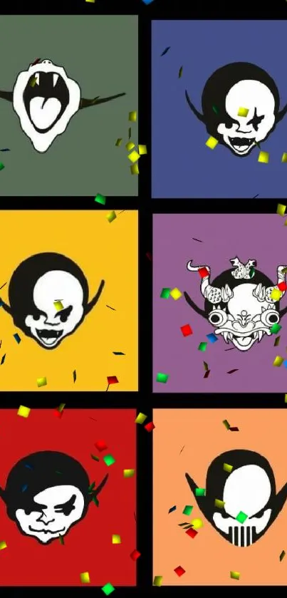 Colorful joker faces on geometric blocks with black background.