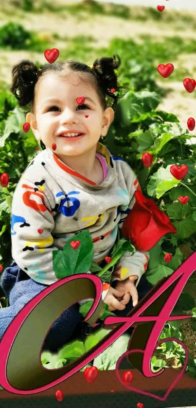 Smiling child in colorful sweater with rose, surrounded by greenery and hearts.