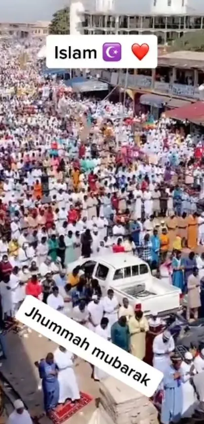 A vibrant crowd celebrates Jummah Mubarak in an outdoor gathering.