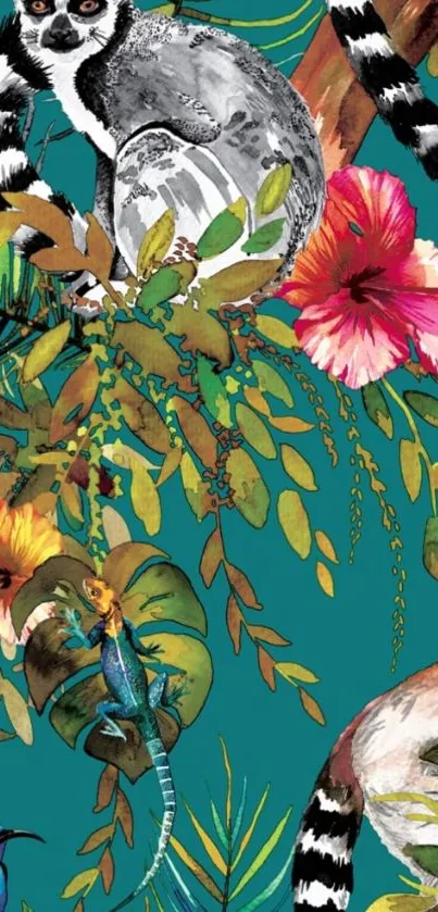 Tropical wallpaper with lemurs, foliage, and lizards
