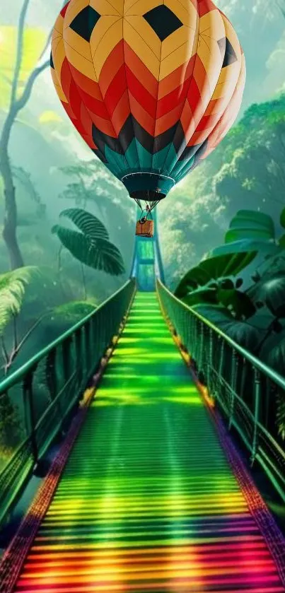 A vibrant hot air balloon floats above a rainbow bridge in a lush jungle setting.