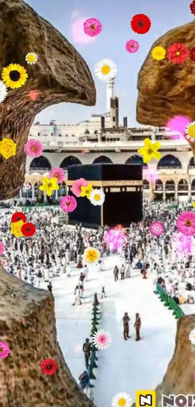 Vibrant floral view of the Kaaba in Mecca surrounded by colorful flowers.