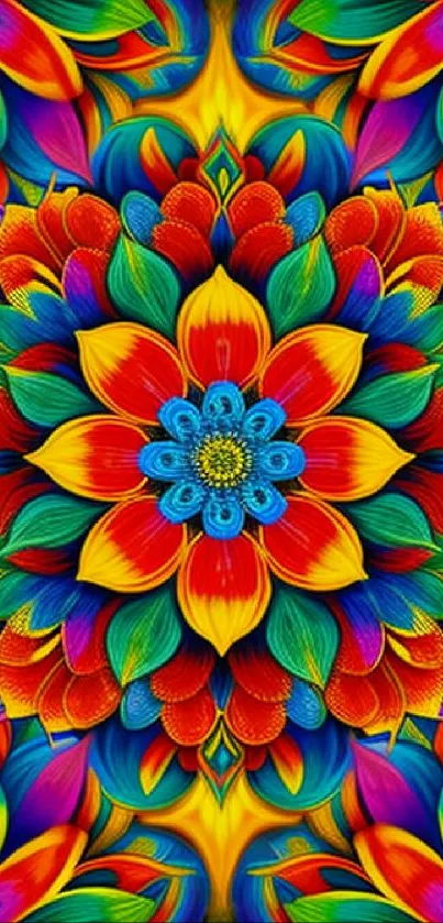 Vibrant kaleidoscope wallpaper with red, blue, and yellow floral patterns.