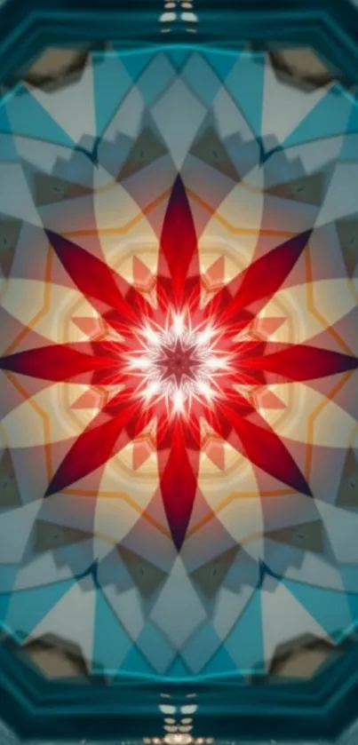 Vibrant kaleidoscope wallpaper with red and blue geometric shapes.