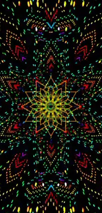 Vibrant kaleidoscope art with colorful geometric patterns on black background.