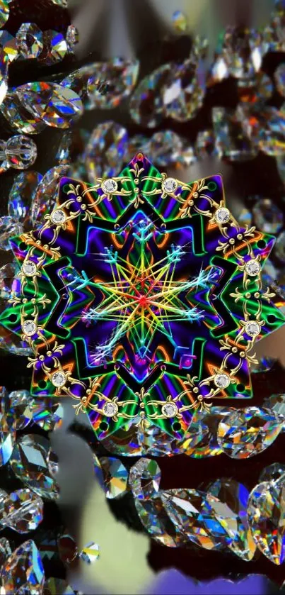 Intricate multicolor kaleidoscope gem art with geometric patterns for mobile wallpaper.