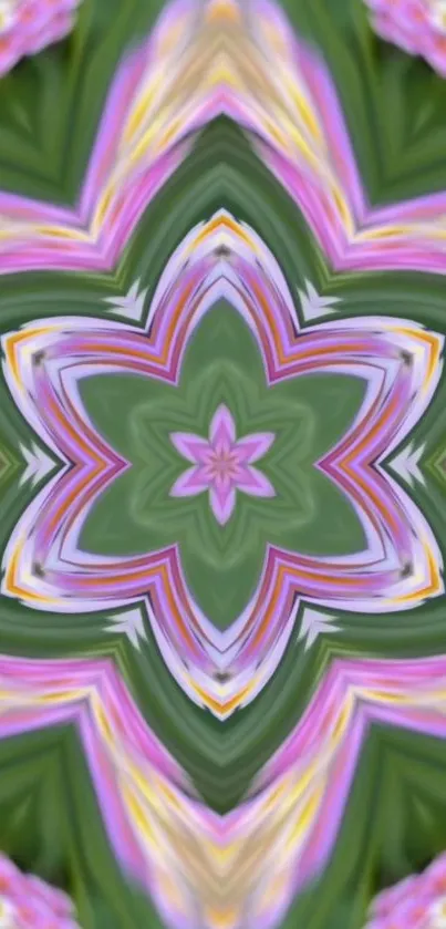 Colorful kaleidoscope pattern in pink, green, and yellow tones.