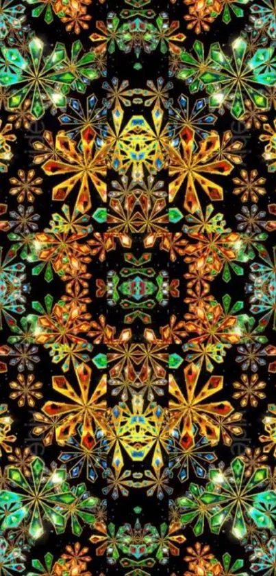 Colorful kaleidoscope pattern with geometric flowers.