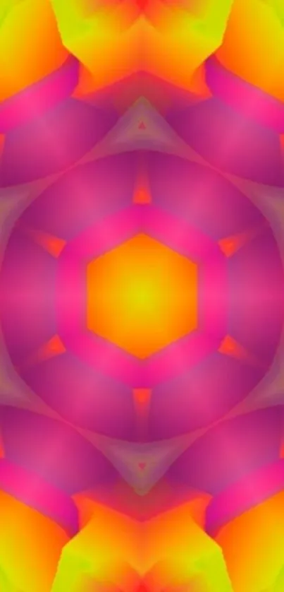 Colorful kaleidoscope pattern wallpaper in pink, orange, and yellow hues.